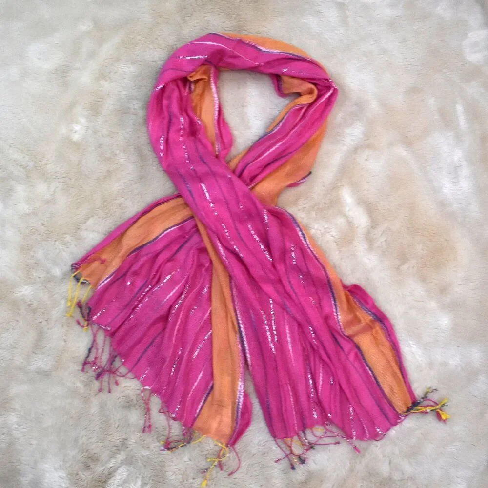 Michael Stars Pink Orange Silver Sparkle Striped Fringe Scarf Wrap New